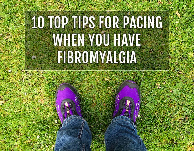 Image is shot from above looking down at my purple trainers on the grass. Text overlay reads 10 top tips for pacing when you have Fibromyalgia
