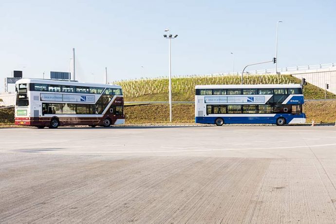 My once in a lifetime opportunity to cross the Queensferry Crossing. Here, photograph shows the buses wait to take us to the bridge.