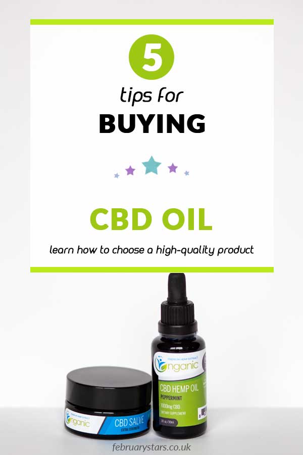Pinterest pin reads "5 tips for buying CBD oil. Learn how to choose a high-quality product."