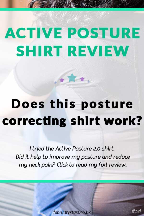 Pinterest pin reads, "Active Posture Shirt Review. Does this posture correcting shirt work? I tried the Active Posture 2.0 shirt. Did it help to improve my posture and reduce my neck pain? Click to read my full review"