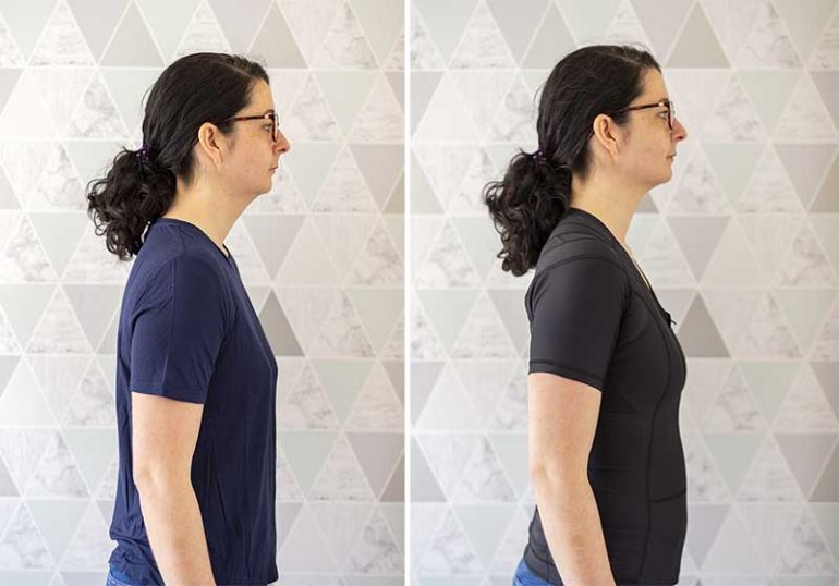 Two images showing a before and after. Left shows Donna standing wearing a regular t-shirt. Her shoulders and neck are slumped forward. The right image shows Donna wearing the Active Posture 2.0 shirt. Her shoulders are noticeably pulled back and her spine is more upright.