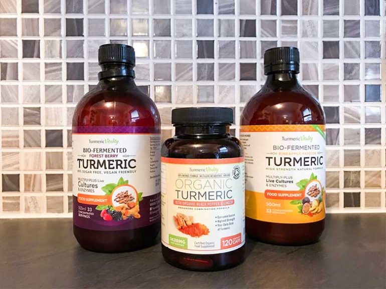 Photo shows the Turmeric Vitality products. From left-right: Berry flavoured liquid turmeric, organic turmeric capsules and pineapple flavoured liquid turmeric.