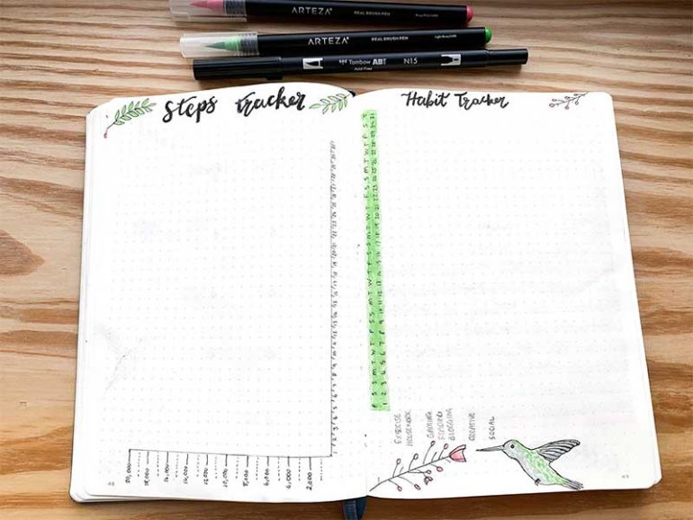 March bullet journal habit trackers. On the left page is a bar chart for tracking daily steps. On the right is a habit tracker for marking which days I do particular habits. The days of the week are listed along the page with the habits down the side. The page is decorated with a hummingbird and flower buds and leaves.