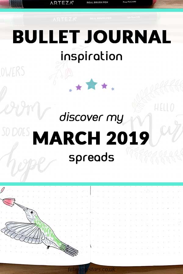 Pinterest pin shows a text overlay on the March cover page for my bullet journal. It reads "Bullet journal inspiration. Discover my March 2019 spreads"