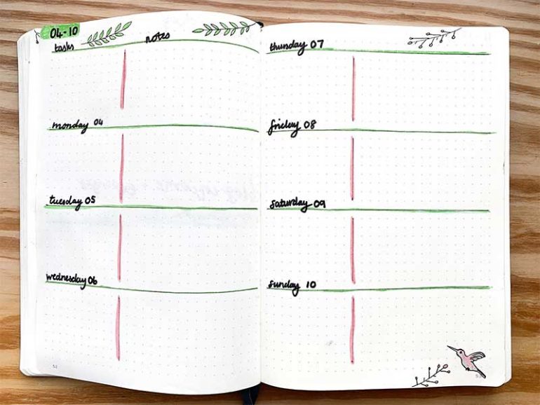March bullet journal weekly spread. Each page is divided into 4 to create boxes for each day of the week, plus an area for weekly notes and tasks. Each daily box is divided in two so there is an area for daily tasks. To tie it in with this month's theme there are leaf and flower bud doodles plus a little hummingbird in the corner.
