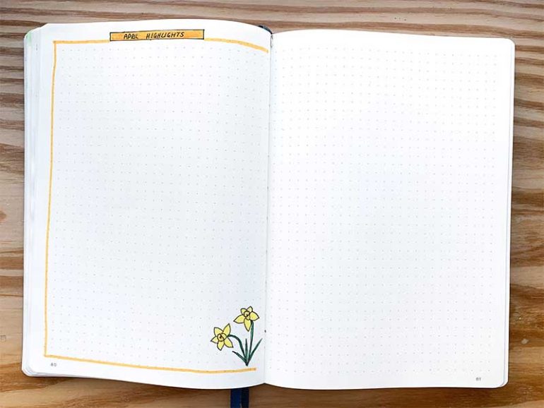 Double spread of my April Highlights page. The right page is left completely blank. On the right is an orange box with the page title. The page is bordered with orange pen (except the right side of the page). There is a daffodil illustration in the bottom right corner.
