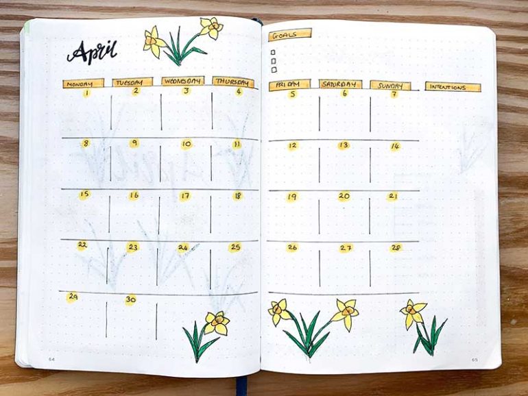 Double-page spread April monthly calendar overview. There is space to the top of the right hand page to write down 3 goals. At the far right is a space to write down intentions. The page is decorated with illustrative daffodils and is titled April in modern calligraphy.