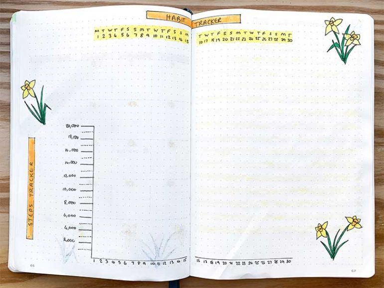 Double page spread with two trackers. At the top of the page is a habit tracker with the dates of the month running along the top and space on the left side to write down habits. Underneath is a bar chart for tracking daily steps.
