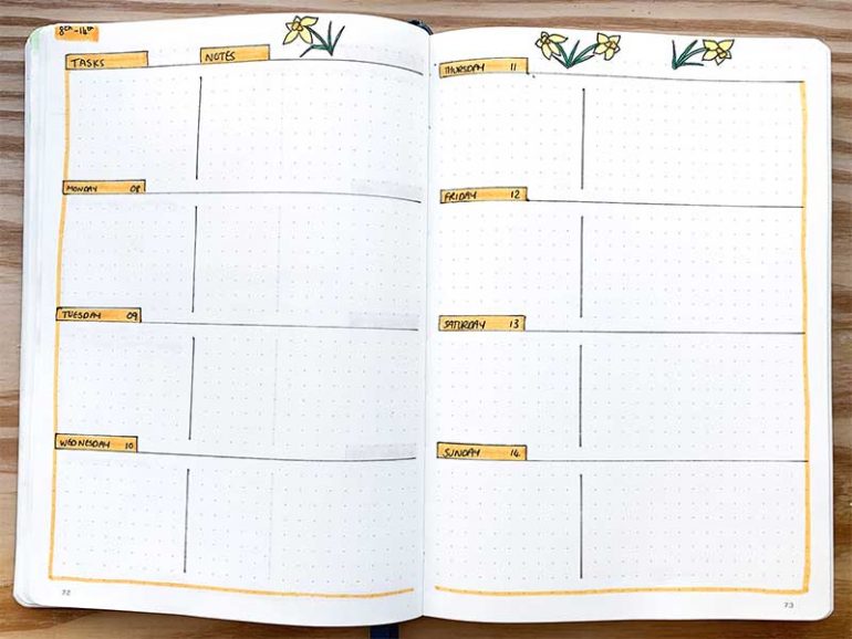 Double page weekly spread. Each page is split into four boxes. Each box is separated into two to provide space to write down tasks and notes. The top of the page is decorated with illustrative daffodils.