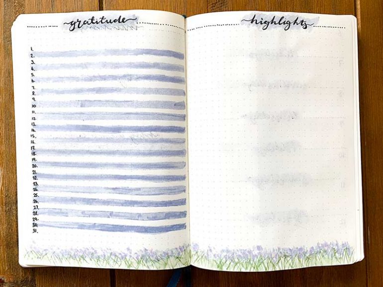 May bullet journal gratitude and highlights pages.