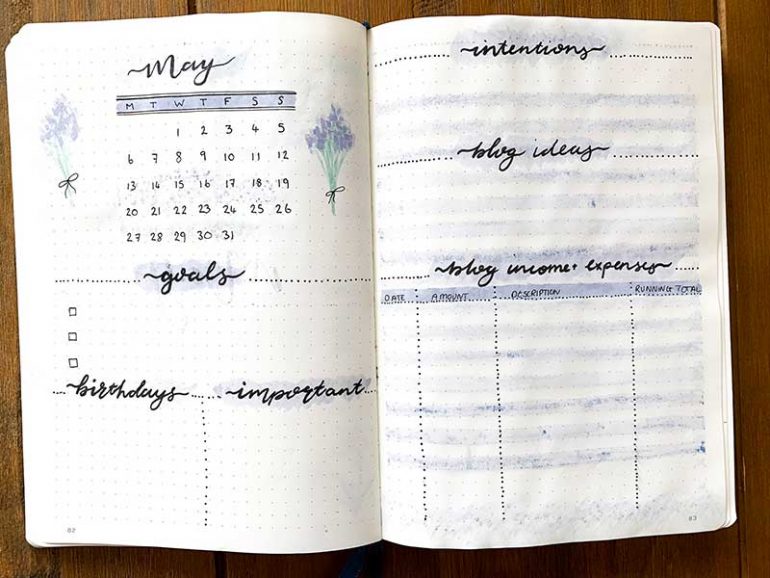 My May monthly overview spread. On the left page there is a small calendar with May written above it. Underneath is space to write my goals, birthdays and important dates. There is also an illustration of a bunch of bluebells tied with a string bow. On the right page, there is room to write down my intentions and blog ideas. Underneath this is a table to track my blog income and expenses.