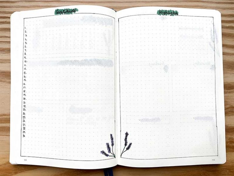 Gratitude and highlights pages for my June bullet journal