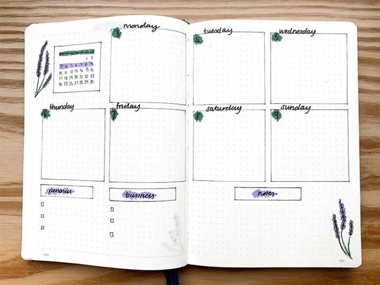 My June bullet journal weekly spread; the layout is described in the blog text.