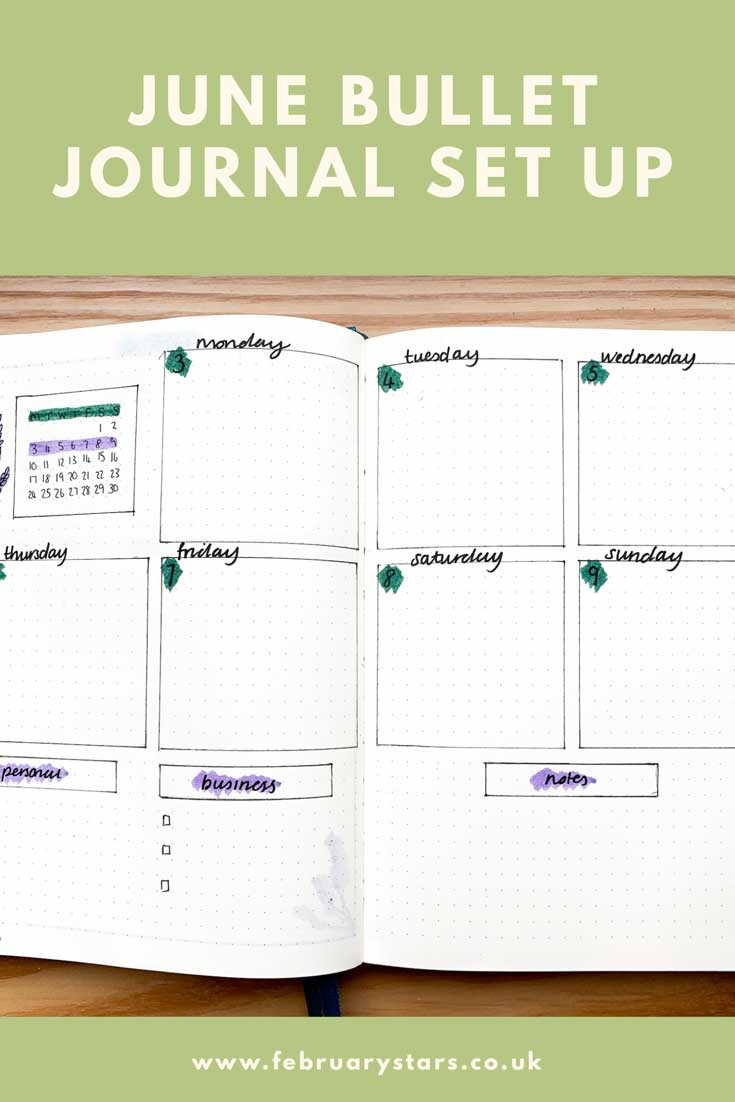 Pinterest pin shows a photo of my weekly spread and is titled "June Bullet journal set up" with a sage green banner at the top.