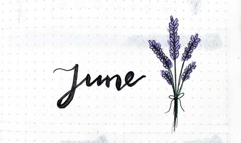 Photo shows a close up of the monthly title with June written with a brush pen next to a doodle of a bunch of lavender