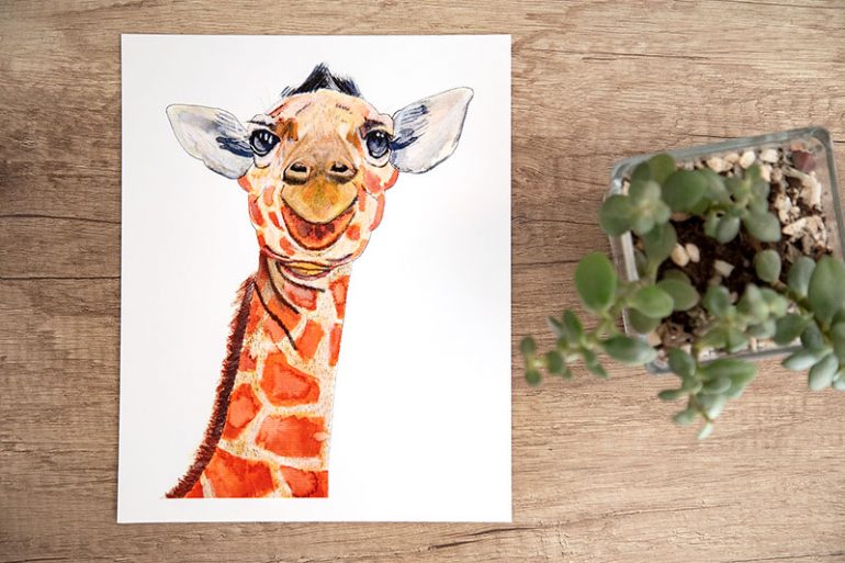 Photo of my giraffe watercolour art print next to a succulent plant