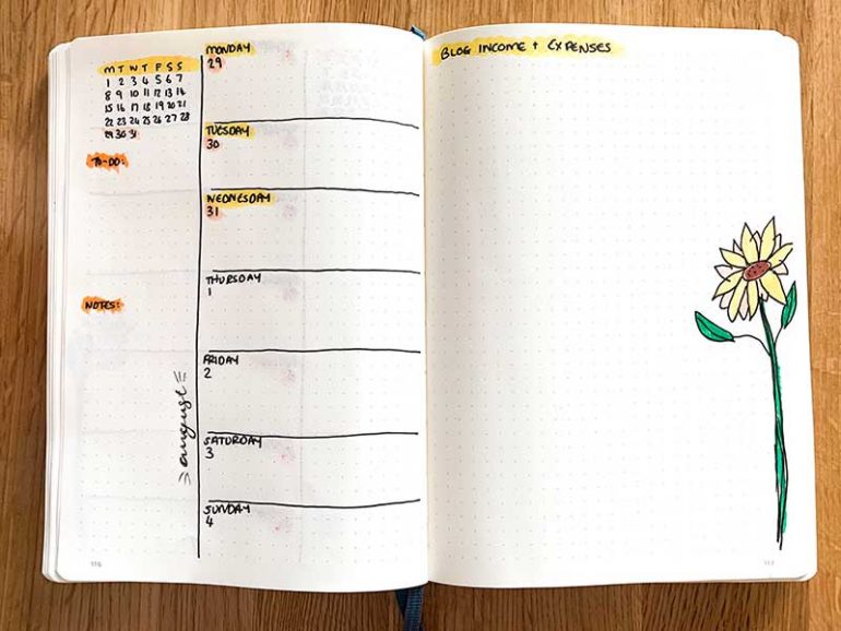 The left page is my final weekly spread for July and the right hand page is my blog income & expenses page