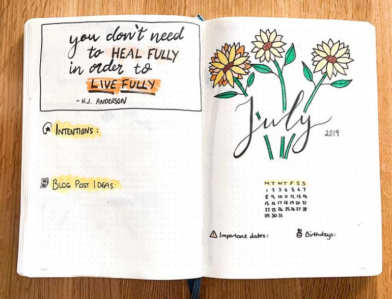 Photo shows an overview of my monthly bullet journal spread for July, which is described in the post.
