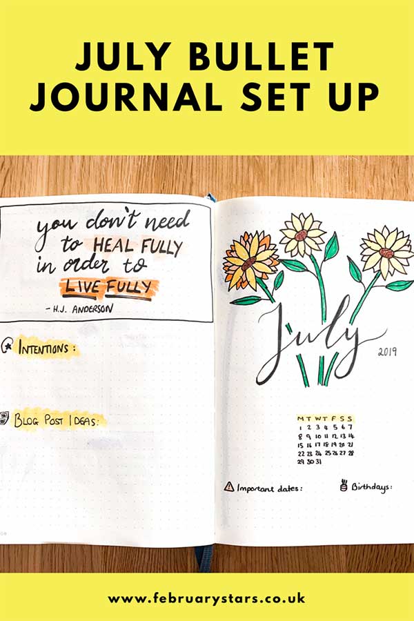 Pinterest pin reads "July bullet journal set up" and shows a photo of my July monthly overview page