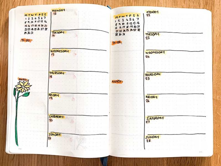 July bullet journal weekly spread overview