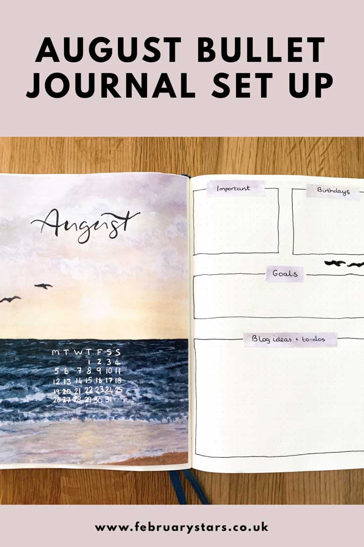 Pinterest pin shows my August cover spread and reads "August bullet journal set up"