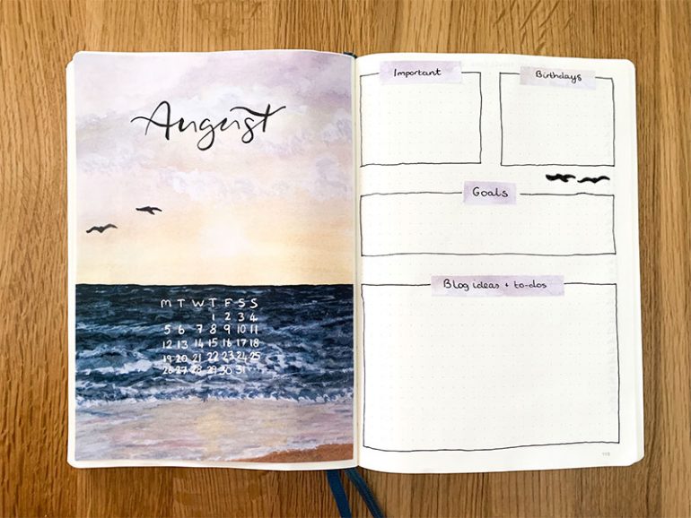 My August bullet journal monthly spread. It is described within the post.