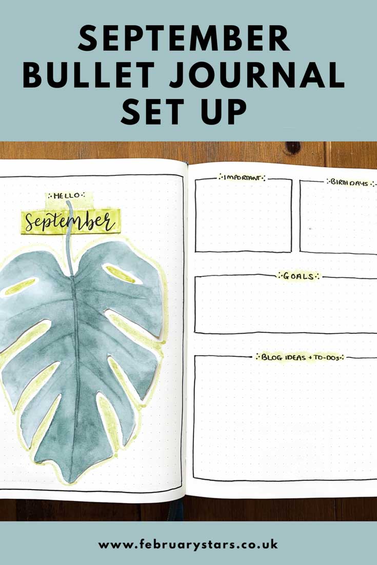 Pinterest pin has a cool teal background, shows my September bullet journal cover page and reads 'September 2019 Bullet Journal Set Up'