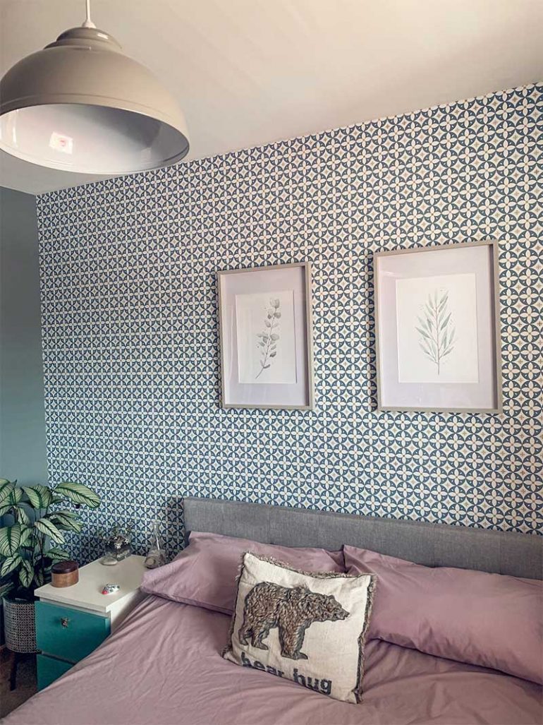 Photo shows both eucalyptus watercolour paintings in grey frames above the bed in Donna's bedroom