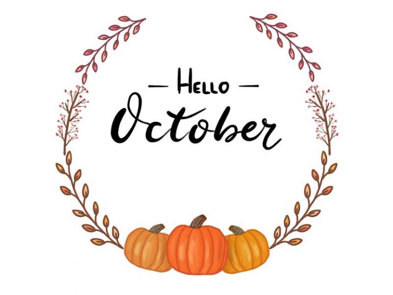 Digital illustration of a fall wreath with 3 pumpkins in the bottom surrounding text that reads "hello October"