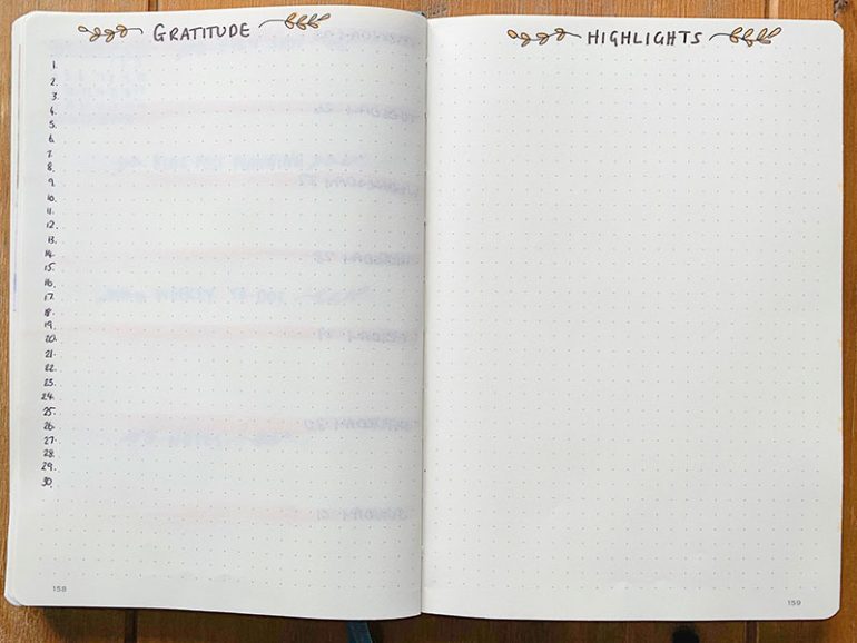 Double page spread. On the left is one line per day for gratitude. The right page is blank for recording memories/highlights from the month.