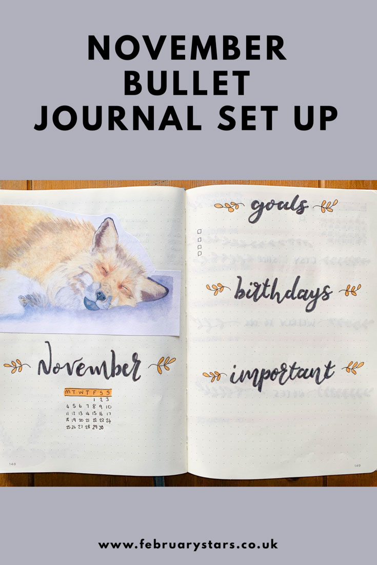 Pinterest pin shows the monthly overview spread and reads "November bullet journal set up"