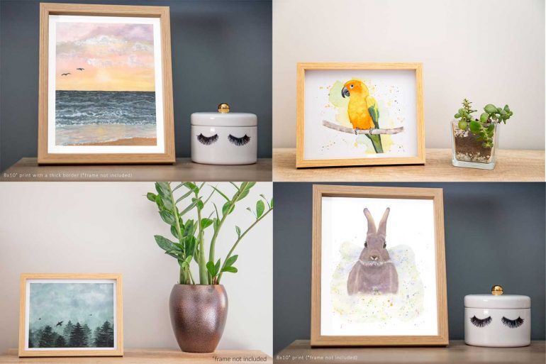 4 photos showing Christmas gift ideas from February Stars Art. Top left: framed seascape watercolour print. Top right: framed watercolour sun conure print. Bottom left: framed misty forest watercolour print. Bottom right: framed watercolour bunny print.