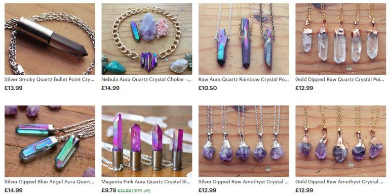 A few crystal necklaces available in Kiss The Future's etsy shop