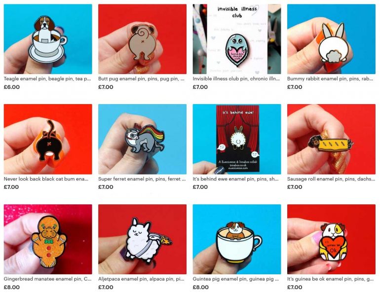 A screenshot of Innabox Design's Etsy shop showing a selection of enamel pins for sale
