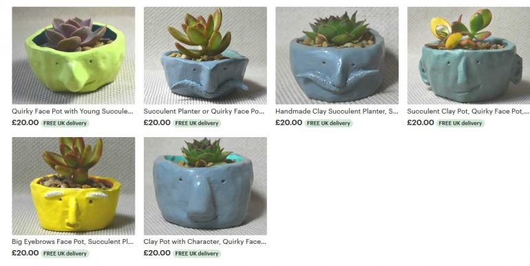 A screenshot of quirky face plant pots for sale on Etsy