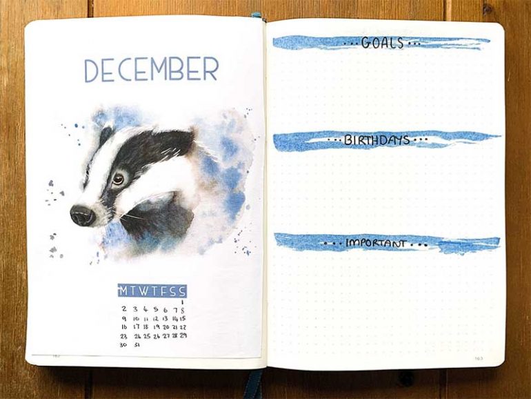 Photo of my December bullet journal monthly spread (described within the blog post)