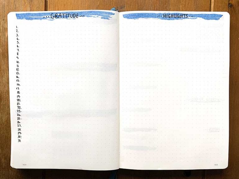 Photo of my December bullet journal gratitude and highlights spreads (described in the blog post)