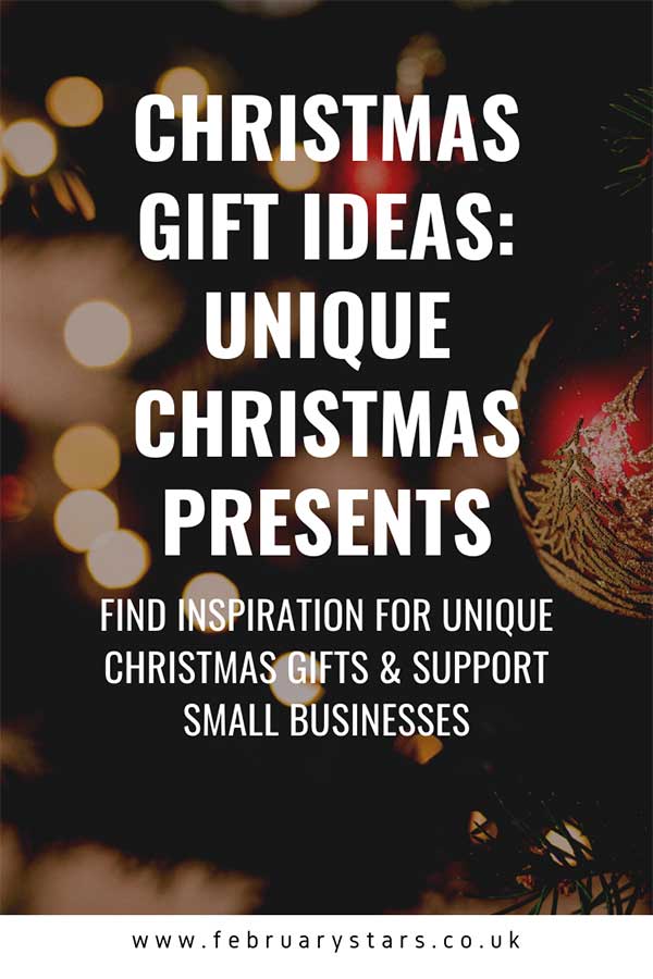 Pinterest pin reads: "Christmas gift ideas: unique Christmas presents. Find inspiration for unique Christmas gifts & support small businesses"