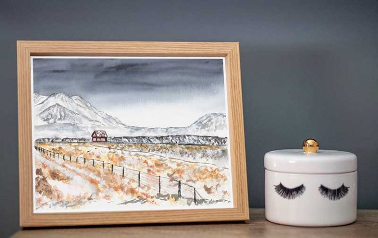 Print of my Iceland watercolour landscape painting framed