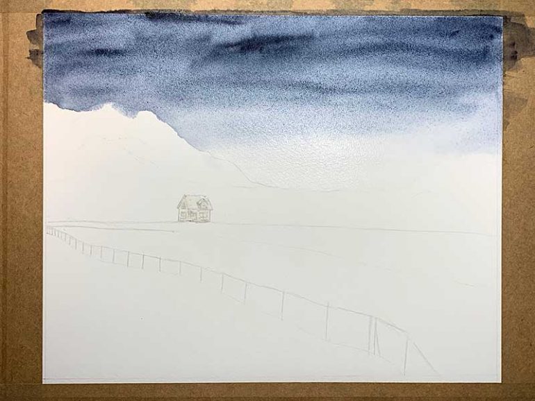 Progress photo. Adding a wash of colour for the sky.