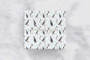 Flat lay. Close up of a gift wrapped in the puffin and stars wrapping paper that has been tied with twine.