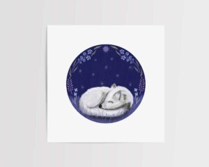 Arctic Fox Art Print. Hand illustrated white arctic fox curled sleeping at night in the grass.The background is navy circle Around the arctic fox are blue botanical elements and stars adorn the nights sky. A very beautiful art print.