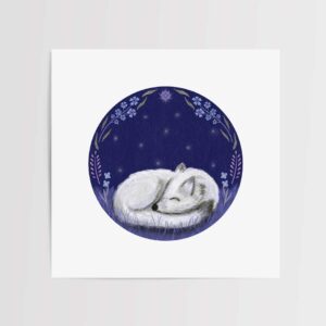 Arctic Fox Art Print. Hand illustrated white arctic fox curled sleeping at night in the grass.The background is navy circle Around the arctic fox are blue botanical elements and stars adorn the nights sky. A very beautiful art print.