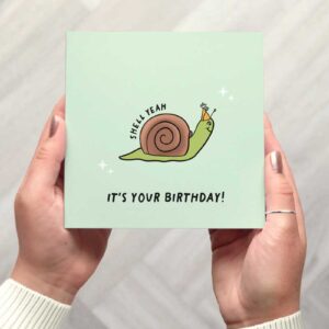 This card features a cute illustrated snail who is smiling and wearing a party hat. The words shell yeah follow the curve of its shell and its your birthday is written beneath the illustration. There are two white stars with four points on either side of the snail. The card is background is a bright pastel green.