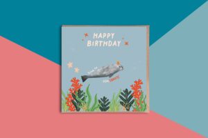 A cute pun birthday card with light blue background. It reads Happy Birthday in all caps white text then in hand drawn text time to celebrate around an illustrated seal wearing a party hat. Along the bottom of the card are illustrated coral, seaweed and sea grasses in greens, oranges and reds. There are other decorative elements such as stars, bubbles and starfish.