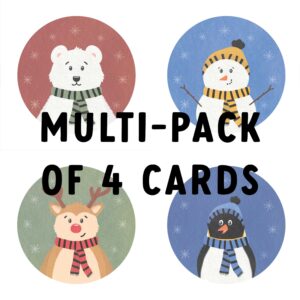 Multi pack of 4 Christmas cards featuring cute whimsical characters