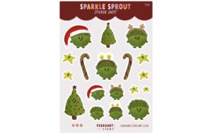 Sparkle Sprout Sticker Sheet. A6 sticker sheet with a collection of my character sparkle sprout and friends. Sparkle sprout is a super cute Brussels sprout. She wears a Santa hat, reindeer antlers, star bopper headband. She has a sweet smile and frizzy hair, stubby arms and legs.