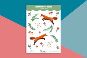 A cute cottagecore A6 sticker sheet that features botanical, mushrooms, flowers and two foxes.