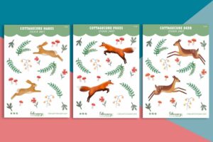 A multi pack of three cottagecore sticker sheets with botanicals, flowers, mushrooms. Each sheet has a different animal, deer, foxes and deer.