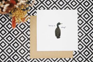 a rude bird pun card featuring an illustrated European shag and the words fancy a shag